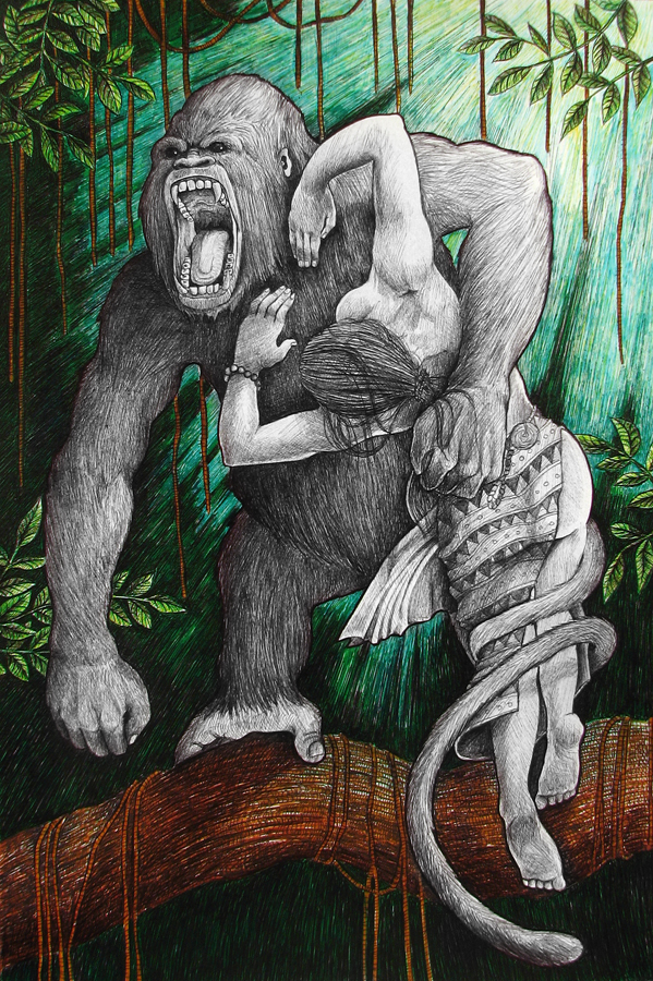 Illustration of a gorilla like beast up in a jungle tree, holding a traditionally dressed igorot woman in his arms.